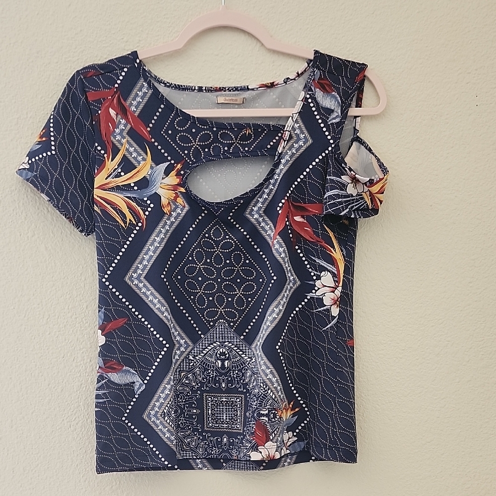 Blue and White Crop Cut Out Short Sleeve Tee